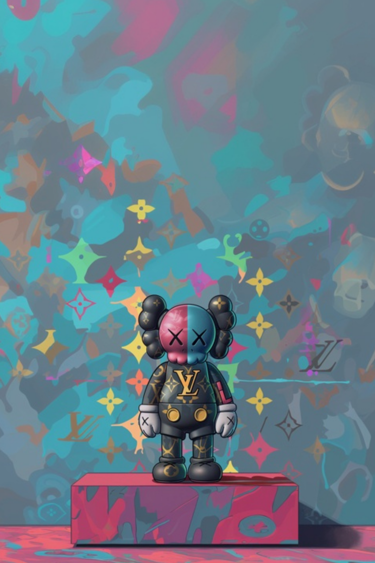 Custom Made Black Gold Teal and Pink LV Themed KAWS Semi Gloss Poster